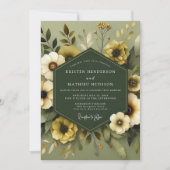 Olive Muted Flora Wedding 招待状 (正面)