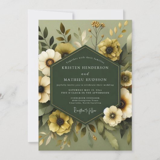 Olive Muted Flora Wedding 招待状 (正面)