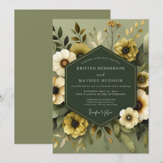 Olive Muted Flora Wedding 招待状 (正面/裏面)