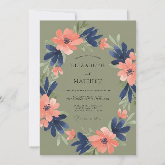 Olive Navy Floral Romantic Wedding 招待状 (正面)