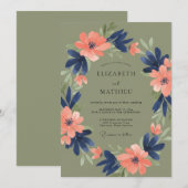 Olive Navy Floral Romantic Wedding 招待状 (正面/裏面)