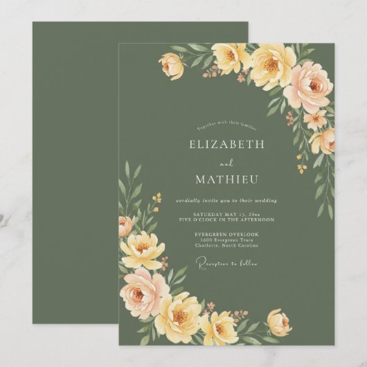 Olive Peach Botanical Rustic Wedding 招待状 (正面/裏面)