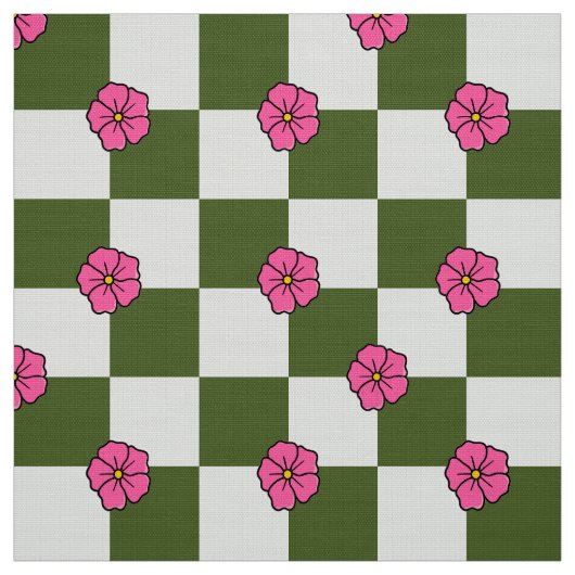 Olive Pink Floral Checkerboard Polyester Fabric ファブリック (見本)