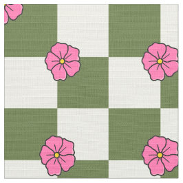 Olive Pink Floral Checkerboard Polyester Fabric ファブリック