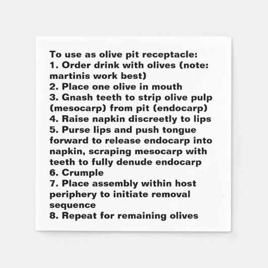 Olive Pit Disposal Instructions Cocktail スタンダードカクテルナプキン (正面)