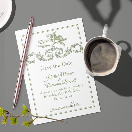 Olive Sage Toile de Jouy Cherub Save the Date Card セーブザデート