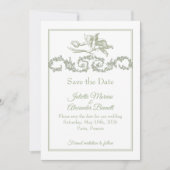 Olive Sage Toile de Jouy Cherub Save the Date Card セーブザデート (正面)