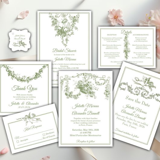 Olive Sage Toile de Jouy Cherub Wedding RSVP Card