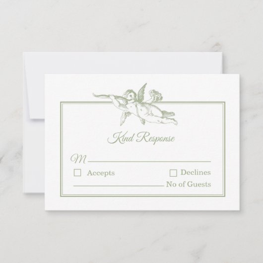 Olive Sage Toile de Jouy Cherub Wedding RSVP Card (正面)