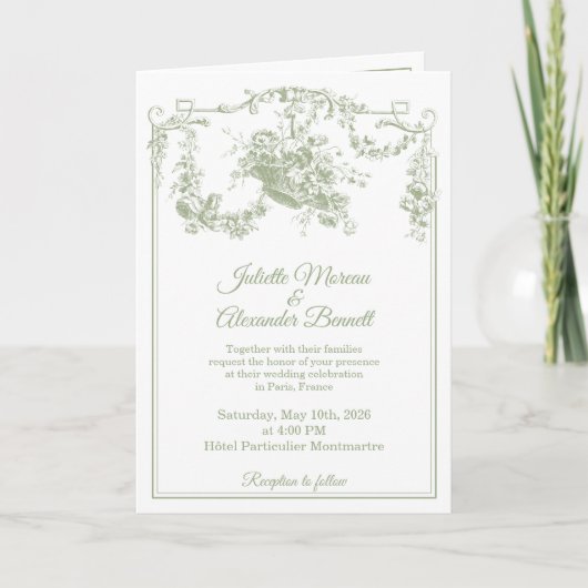 Olive Sage Toile de Jouy Paris Wedding Invitation 招待状 (正面)