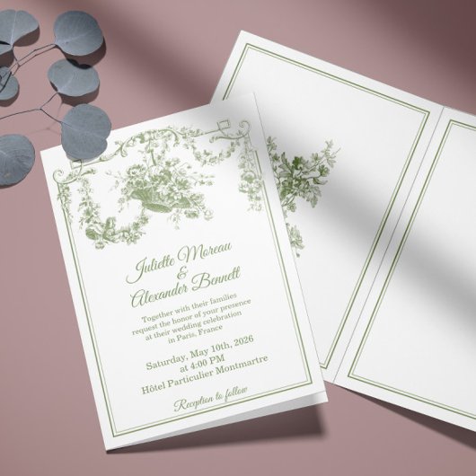 Olive Sage Toile de Jouy Paris Wedding Invitation 招待状