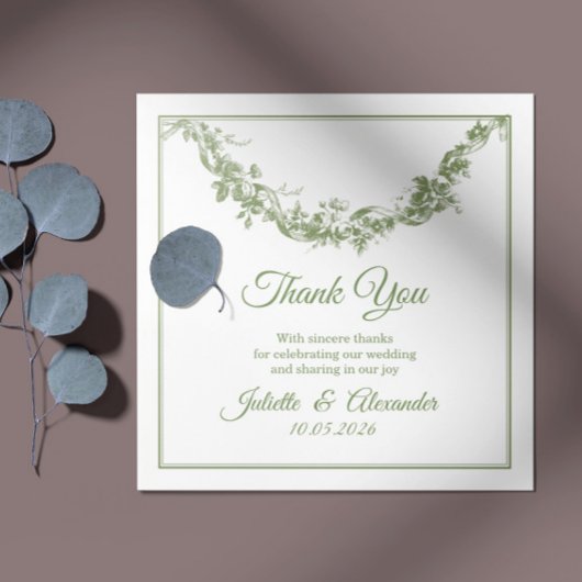 Olive Sage Toile de Jouy Wedding Thank You Card サンキューカード