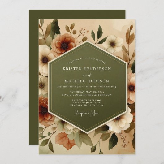 Olive Terracotta Autumnal Wedding 招待状 (正面/裏面)
