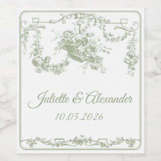 Olive Toile de Jouy Wedding Bottle Label  ワインラベル