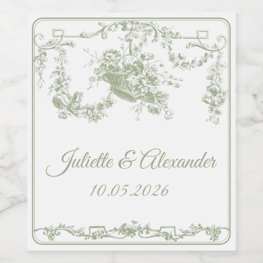 Olive Toile de Jouy Wedding Bottle Label ワインラベル (シングルラベル)