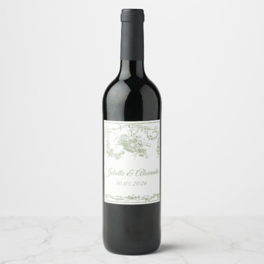 Olive Toile de Jouy Wedding Bottle Label  ワインラベル (正面)