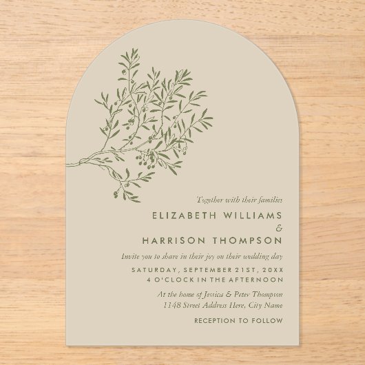 Olive Tree Branch, Rustic & Minimalistic Wedding アクリル招待状 (正面)