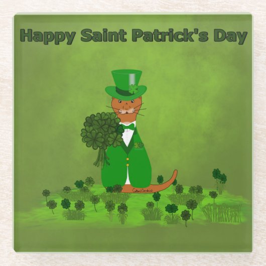 Oliver The Otter Picking Shamrocks – 聖パトリック ガラスコースター (正面)
