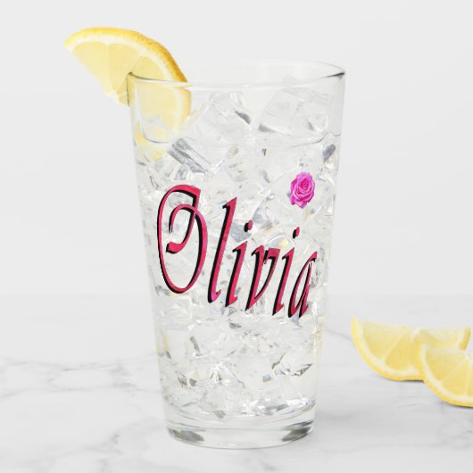 Oliviaの名前のロゴとバラ、 タンブラーグラス (アイス正面)