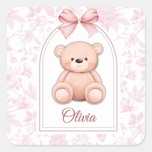 Olivia | オリジナル ピンクのテディベアの保育園デザイン スクエアシール (正面)
