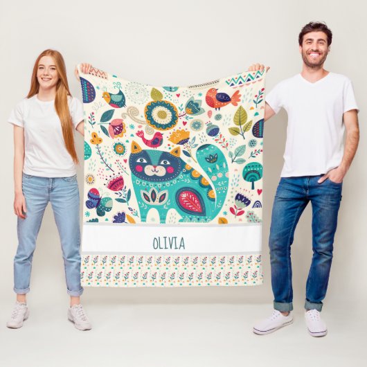 OLIVIA – ガールズネームギフト – COZYフォークアートCAT フリースブランケット (インサイチュ)
