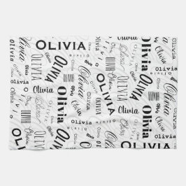 Olivia Custom Name Black White  キッチンタオル