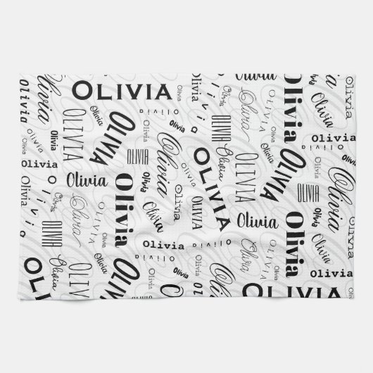 Olivia Custom Name Black White  キッチンタオル (横)