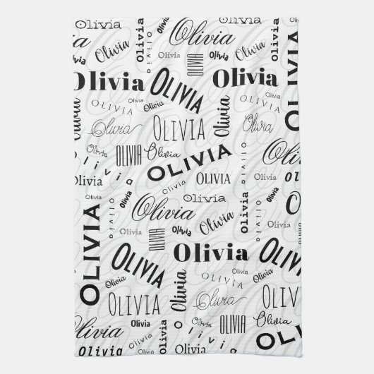 Olivia Custom Name Black White  キッチンタオル (縦)