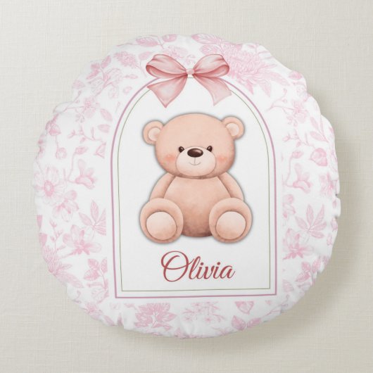 Olivia | Custom Pink Teddy Bear Nursery Design  ラウンドクッション (正面)