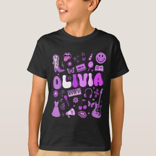 Olivia First Name I Love Olivia Groovy 80's Girls Tシャツ (正面)