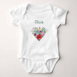 Olivia Personalized Name Flowers Twins 2ハート ベビーボディスーツ