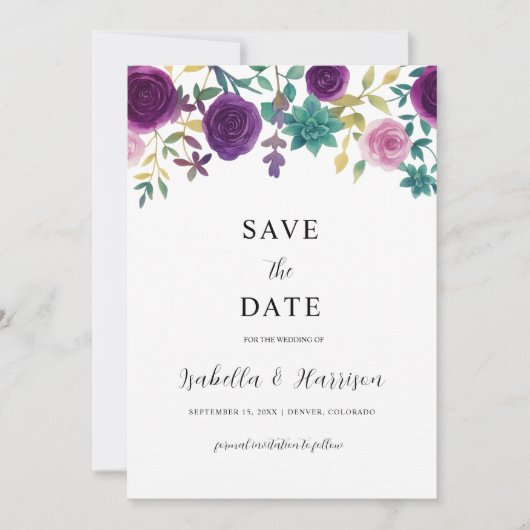 OLIVIA | Purple Floral Save the Date Template 招待状 (正面)