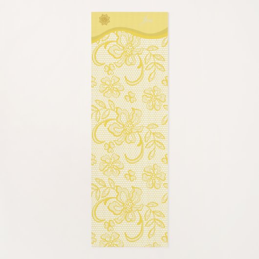 OMとユニークマンダラ付きイエローレースヨガマット ヨガマット (正面)