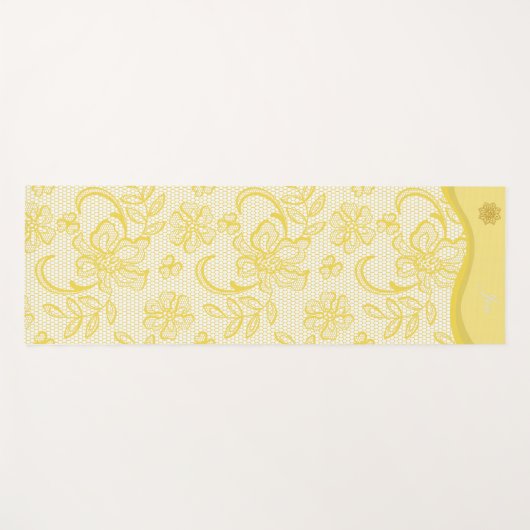 OMとユニークマンダラ付きイエローレースヨガマット ヨガマット (正面(横))