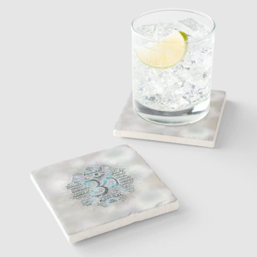 OMを持つはすの曹灰長石のナマステの単語の芸術 ストーンコースター (横)