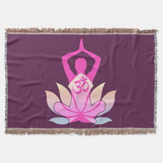 OMナマステスピリチュアルロータスフラワーヨガオンプラム スローブランケット (正面)
