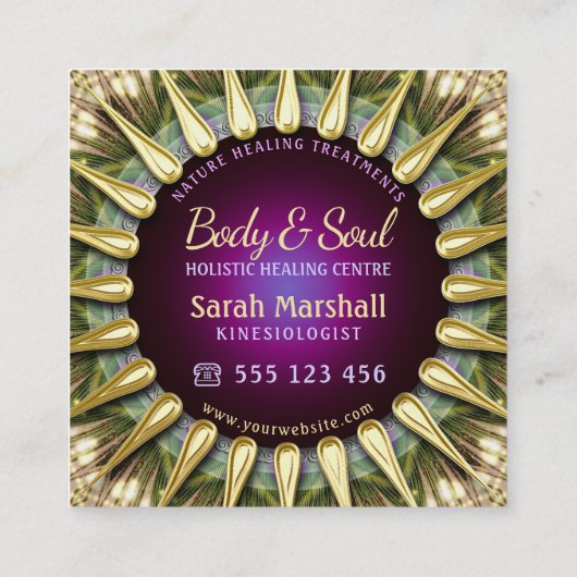 OMホリスティックパープルグリーンピーコックマンダラスクエア スクエア名刺 (裏面)