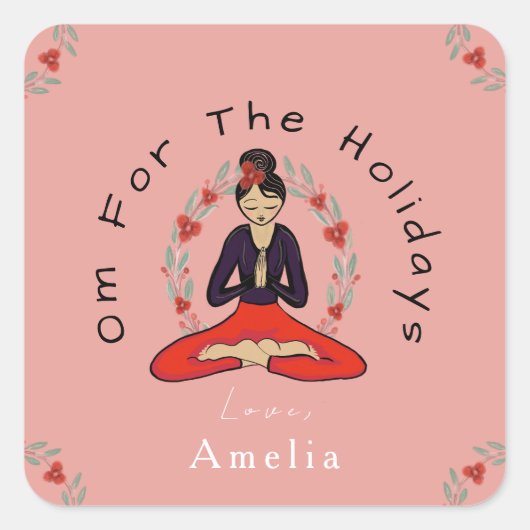 'Om For The Holidays' ヨガとリースカード スクエア スクエアシール (正面)