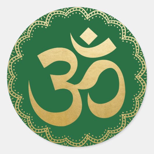 Om HIndu瞑想シンボルYoga Faux Gold Green ラウンドシール (正面)