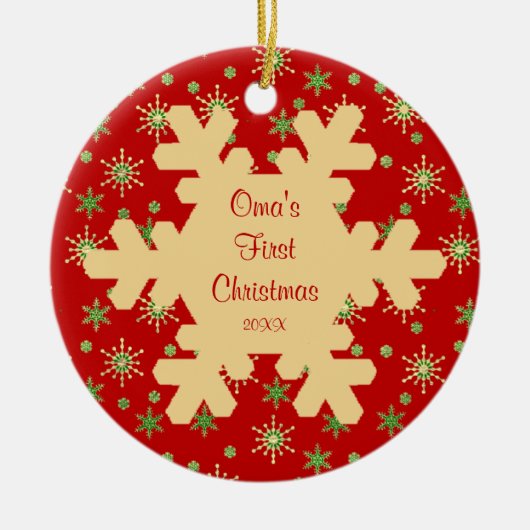 Omaの初めてのクリスマスの赤い雪片のオーナメント セラミックオーナメント (正面)