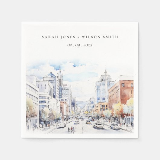 Omaha Nebraska Watercolor Landscape Wedding スタンダードカクテルナプキン (正面)