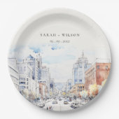 Omaha Nebraska Watercolor Landscape Wedding ペーパープレート (正面)