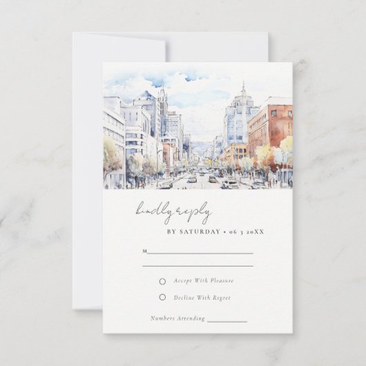 Omaha Nebraska Watercolor Landscape Wedding 出欠カード (正面)