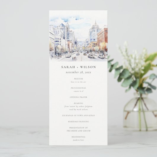 Omaha Nebraska Watercolor Scape Wedding Program 招待状 (スタンド正面)