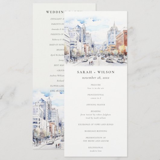Omaha Nebraska Watercolor Scape Wedding Program 招待状 (正面/裏面)