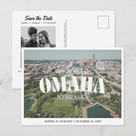 Omaha Wedding Save the Date Retro Skyline ポストカード (正面/裏面)