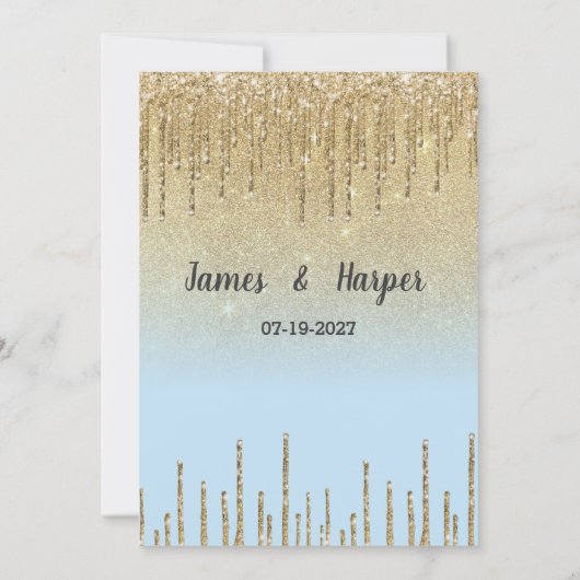Ombre teal gold glitter drips script RSVP 招待状 (裏面)