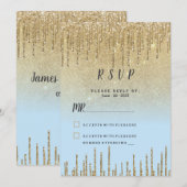 Ombre teal gold glitter drips script RSVP  招待状 (正面/裏面)