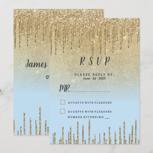 Ombre teal gold glitter drips script RSVP  招待状 (正面/裏面)