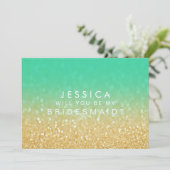 Ombre Teal Gold Will You Be My Bridesmaid Glitter 招待状 (スタンド正面)